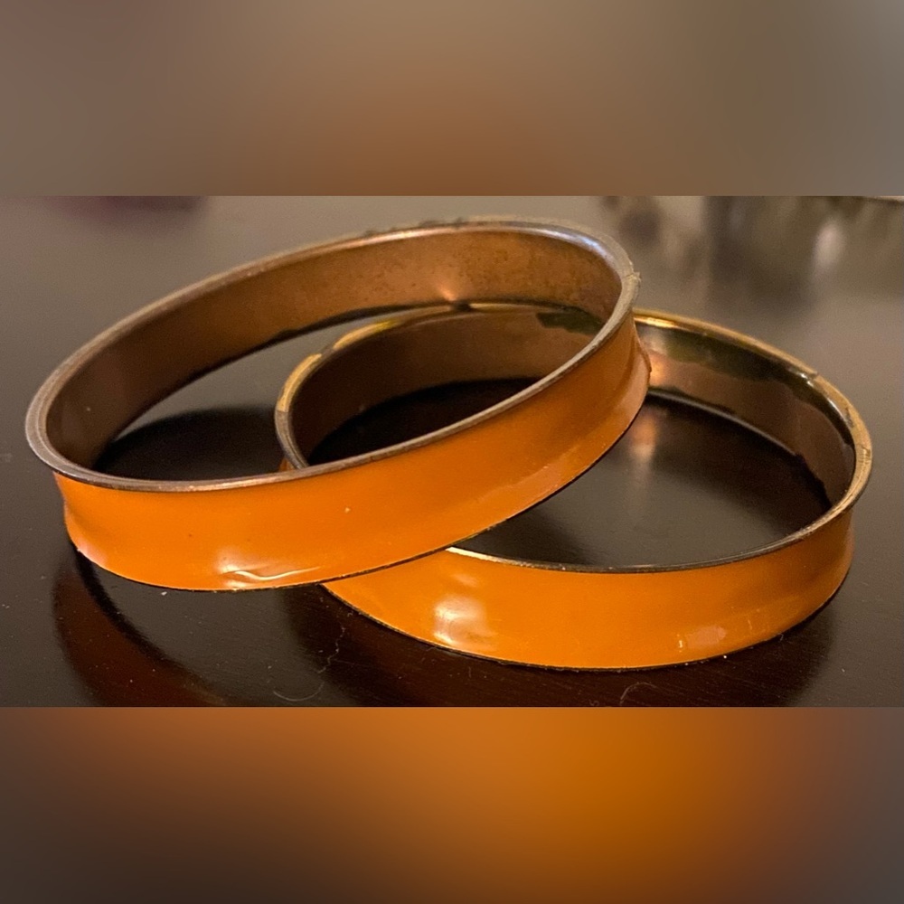 Orange Enamel Metal Bangle Bracelets Set | Vintage Style | Stackable - Picture 2 of 3
